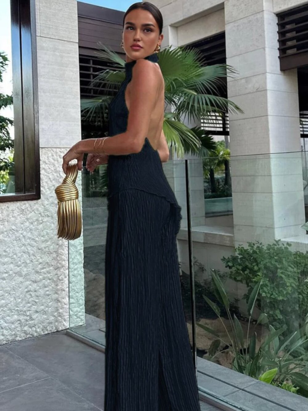 Commence Matching Set Halter Top Wide Leg Pants Pleated XS Black Low Back Chic - Picture 2 of 15